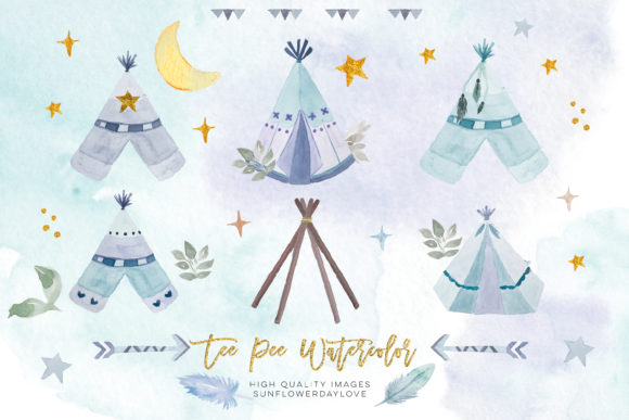 Blue Watercolor Boho Teepee Clip Art & Illustrations
