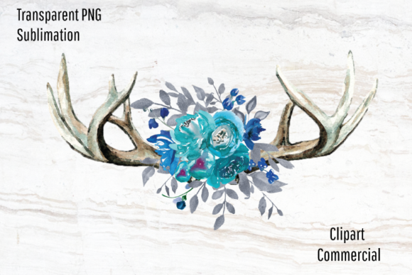 Boho Antlers, Teal Watercolor Flowers Illustrations