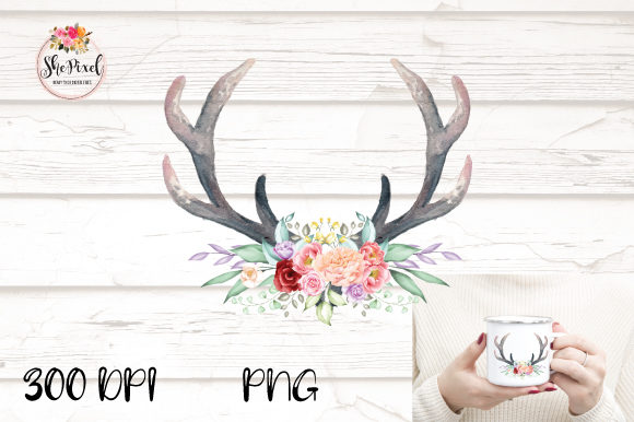 Boho Antlers Watercolor Clipart & Illustrations