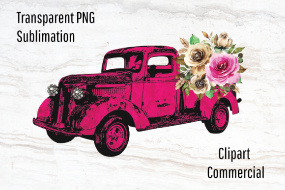 Pink Truck Clipart & Watercolor Flowers Illustrations