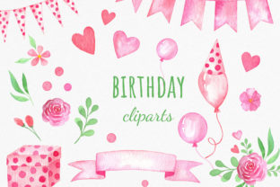 Pink Watercolor Birthday Cliparts Set Illustrations