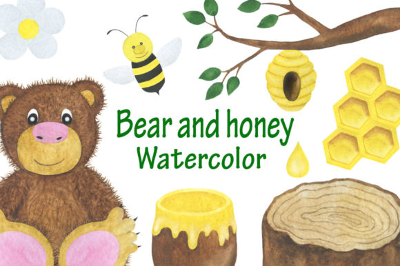Set Bear and Honey Watercolor Children s Illustrations