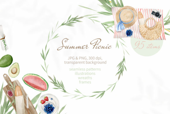 Summer Picnic Watercolor Clipart Set Illustrations