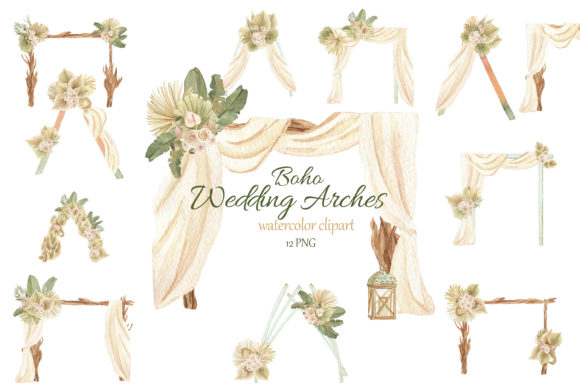 Watercolor Boho Wedding Arch Clipart & Illustrations