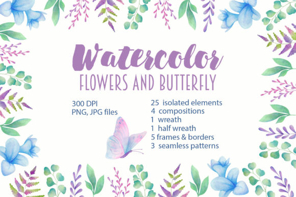 Watercolor Flowers and Butterfly Illustrations