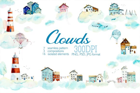 Watercolor Houses in Clouds Illustrations