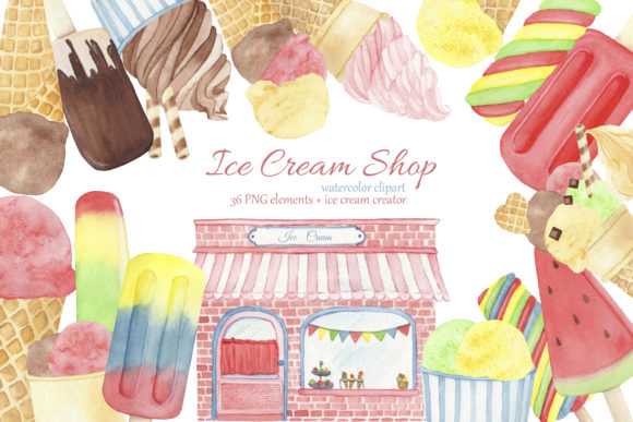 Watercolor Ice Cream Shop. Popsicle Illustrations